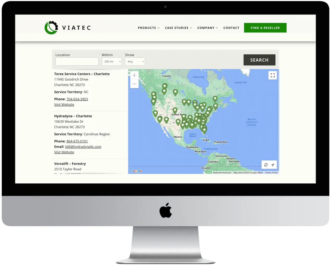 Reseller Lookup Tool on Viatec’s website, show list of results and map, displayed on a desktop computer.
