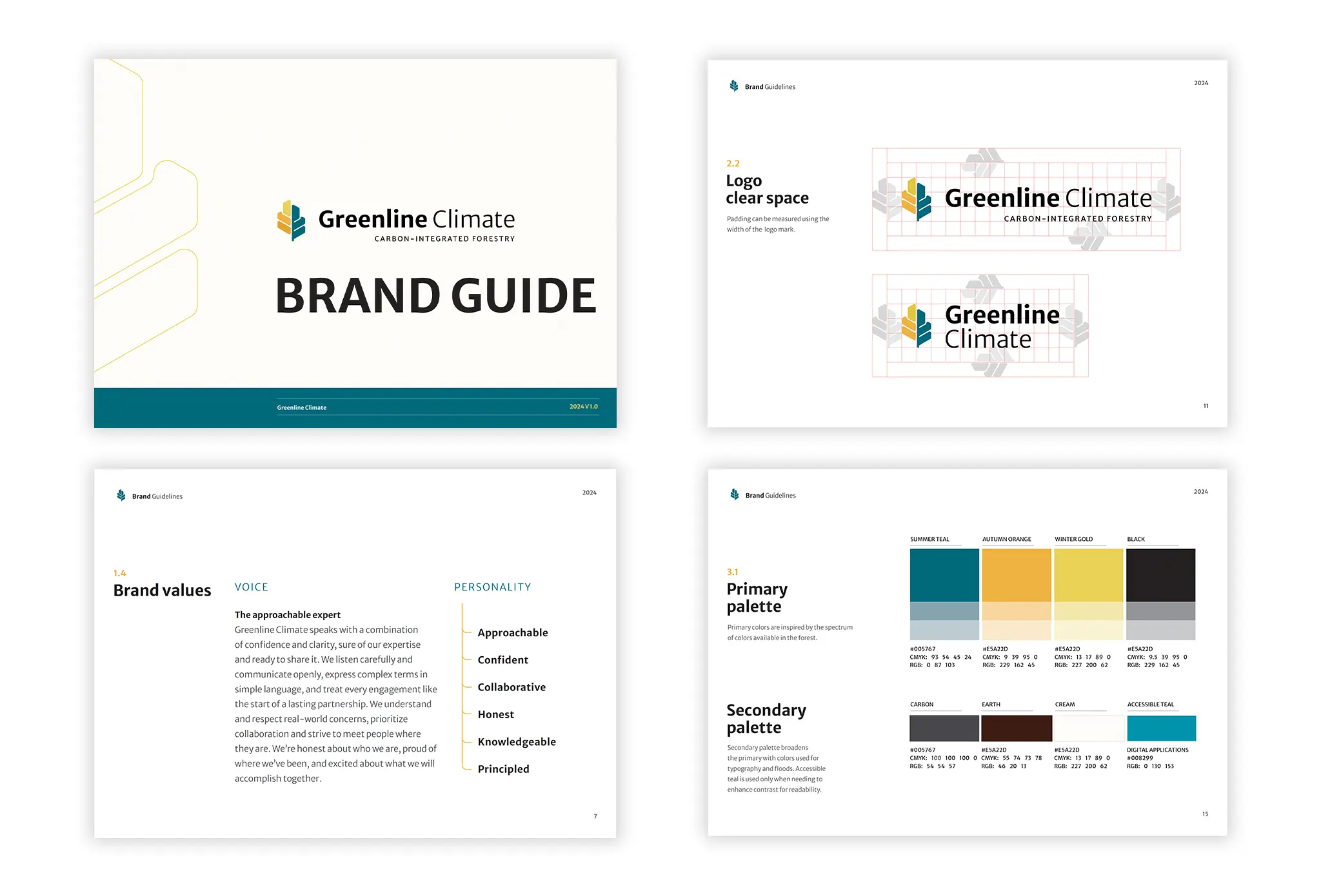 GRE-BB-Mockup Selection of pages from the Greenline Climate Brand Guide.